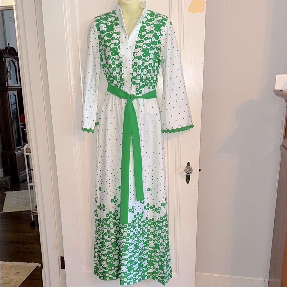Vintage 60s/70s Howard Wolf Green & White Flower Power Hostess Maxi Dress